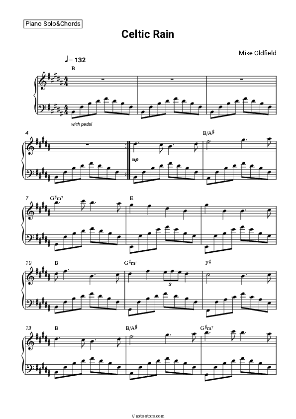 Celtic Rain - Mike Oldfield Piano Sheet Music and Chords - Piano.Solo&Chords