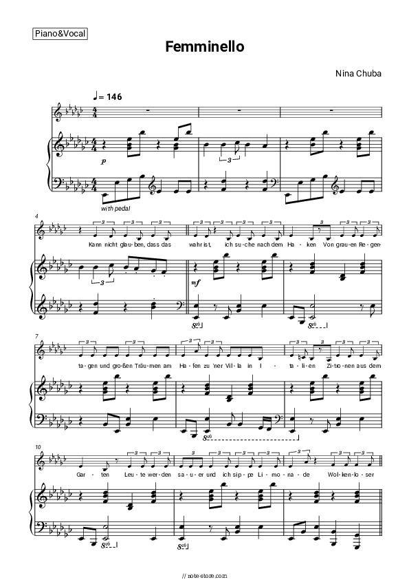 Femminello - Nina Chuba Piano Sheet Music with the Voice part - Piano&Vocal