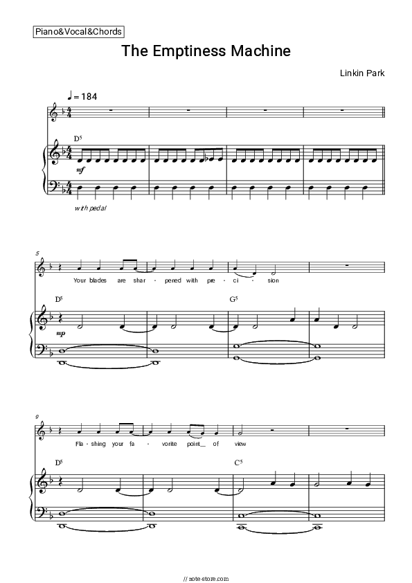 The Emptiness Machine - Linkin Park Piano Sheet Music with the Vocal and Chords - Piano&Vocal&Chords