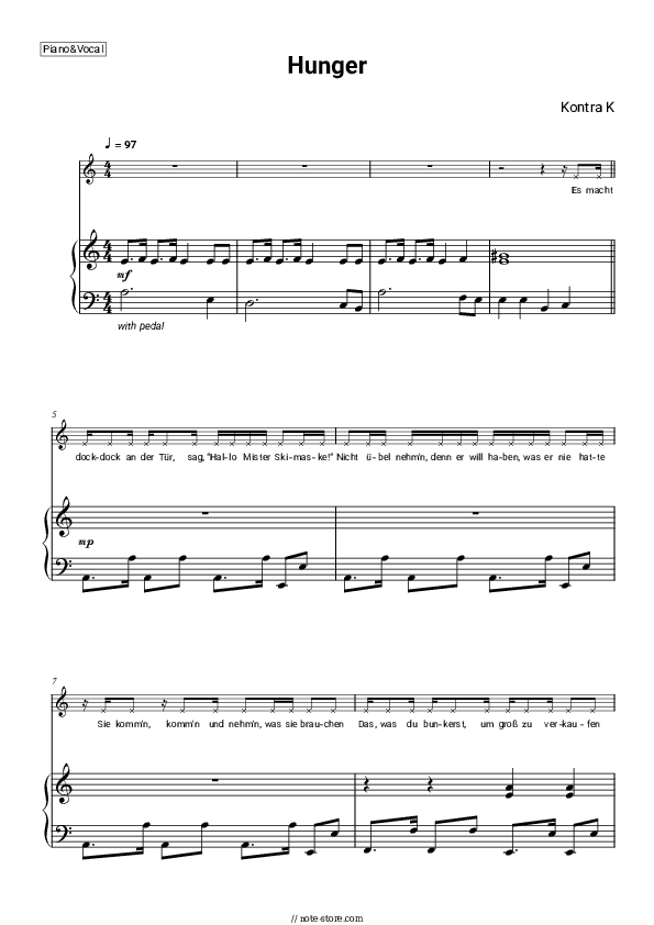 Hunger - Kontra K Piano Sheet Music with the Voice part - Piano&Vocal