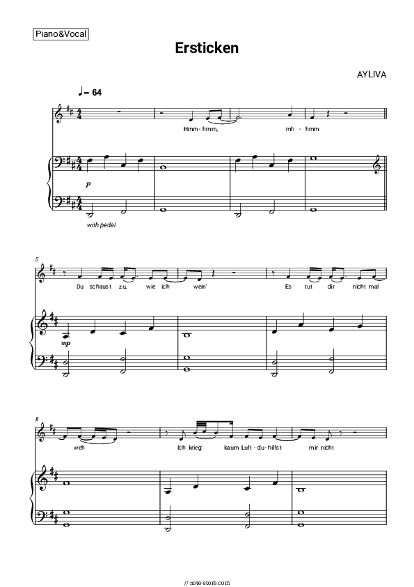 Ersticken - AYLIVA Piano Sheet Music with the Voice part - Piano&Vocal