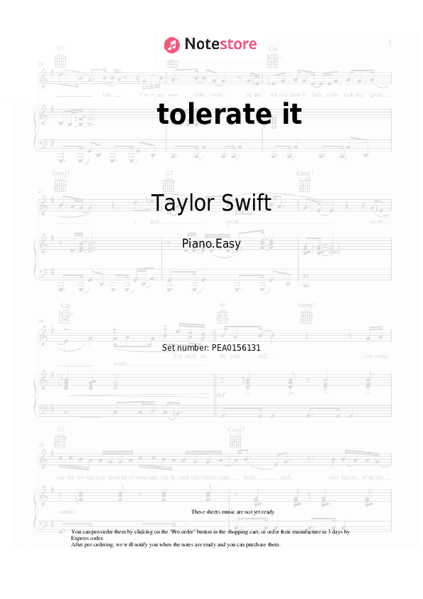 ​tolerate it - Taylor Swift Piano Sheet Music Easy - Piano.Easy