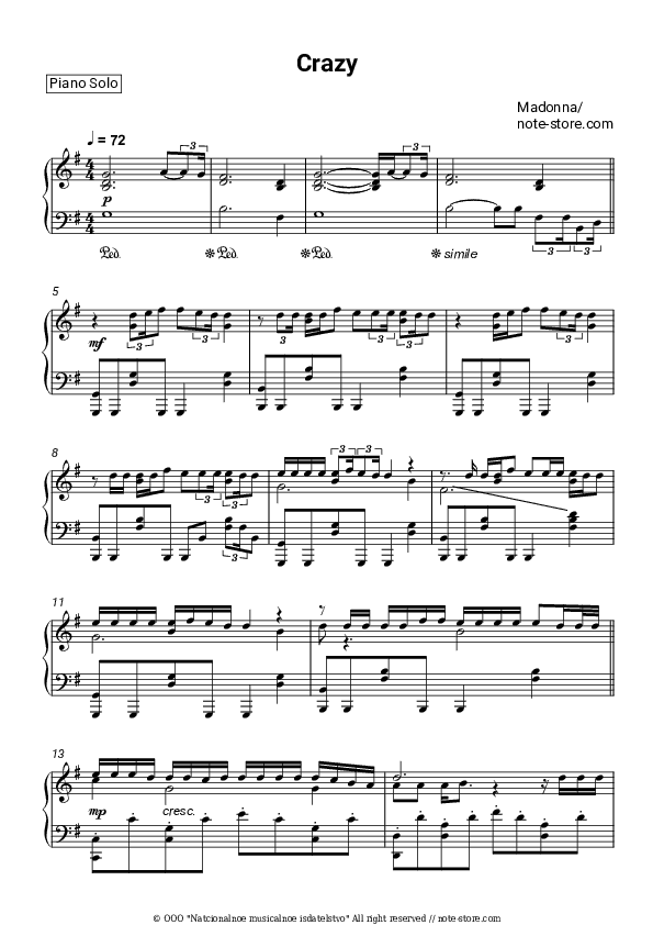 Crazy - Madonna Piano Sheet Music - Piano.Solo