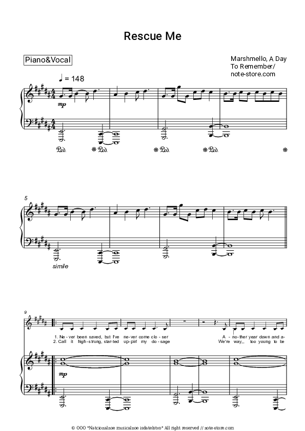 Rescue Me - Marshmello, A Day to Remember Piano Sheet Music with the Voice part - Piano&Vocal