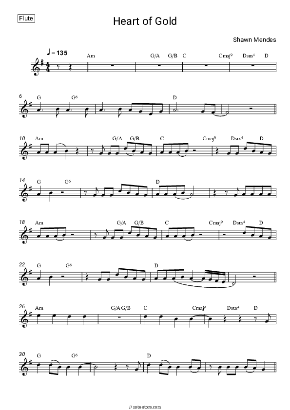 Heart of Gold - Shawn Mendes Flute Sheet Music - Flute