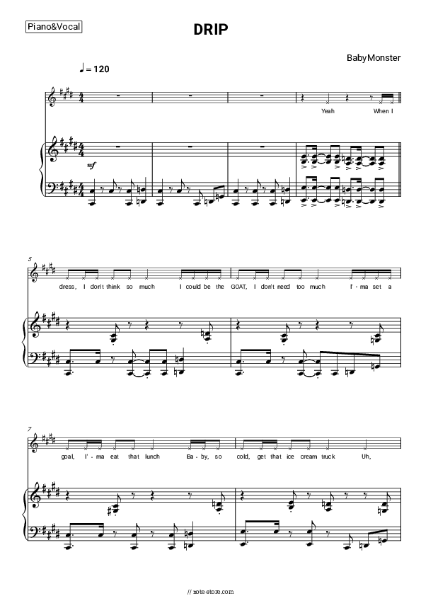 DRIP - BabyMonster Piano Sheet Music with the Voice part - Piano&Vocal