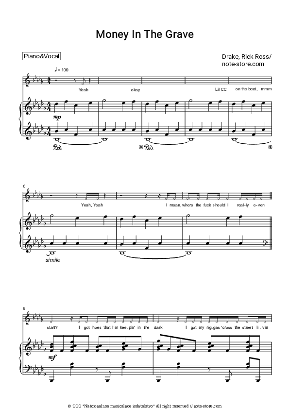 Money In The Grave - Drake, Rick Ross Piano Sheet Music with the Voice part - Piano&Vocal