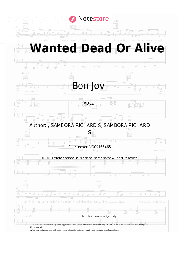 Wanted Dead Or Alive - Bon Jovi Vocal Sheet Music - Vocal