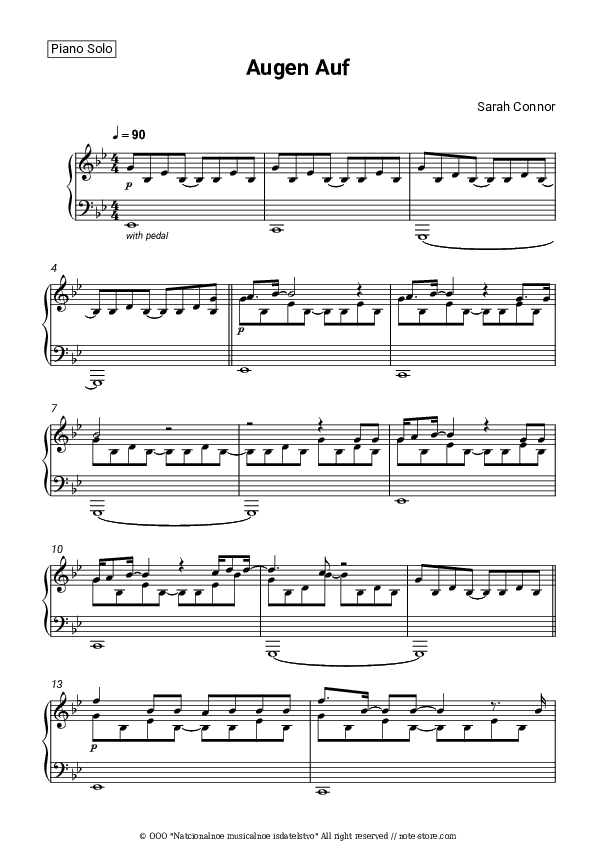 Augen Auf - Sarah Connor Piano Sheet Music - Piano.Solo