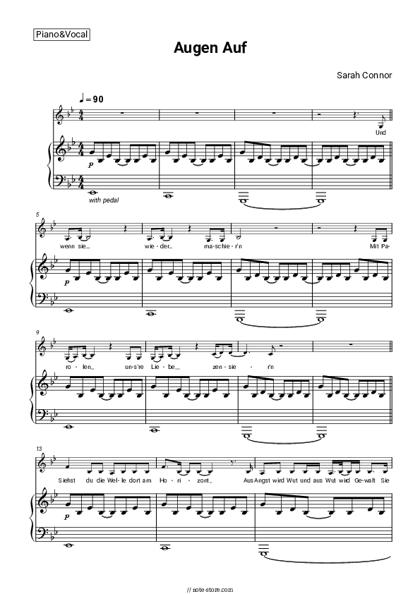 Augen Auf - Sarah Connor Piano Sheet Music with the Voice part - Piano&Vocal