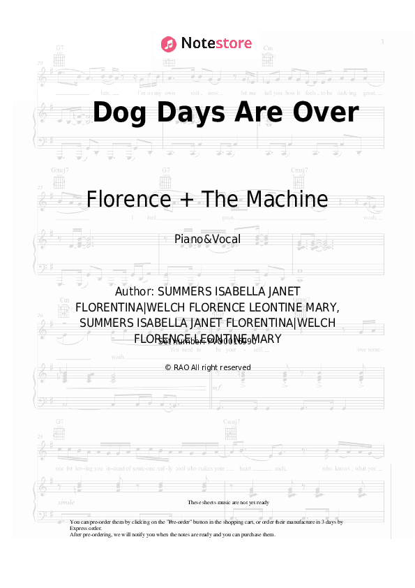 Dog Days Are Over - Florence + The Machine Piano Sheet Music with the Voice part - Piano&Vocal