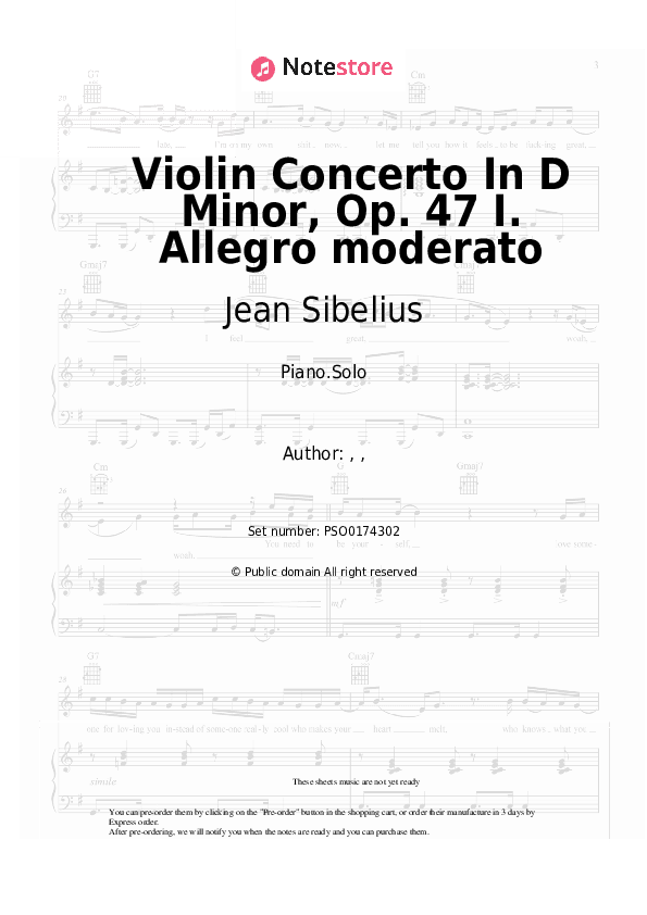 Violin Concerto In D Minor, Op. 47 I. Allegro moderato - Jean Sibelius Piano Sheet Music - Piano.Solo