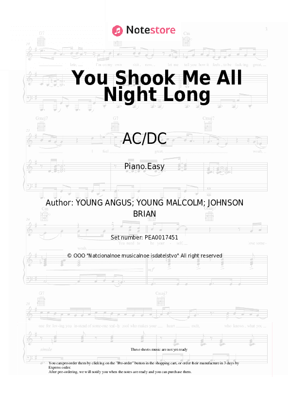 You Shook Me All Night Long - AC/DC Piano Sheet Music Easy - Piano.Easy