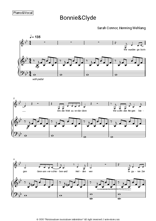 Bonnie & Clyde - Sarah Connor, Henning Wehland Piano Sheet Music with the Voice part - Piano&Vocal