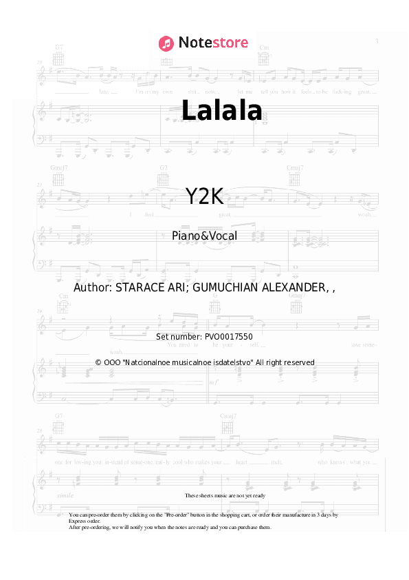 Lalala - Y2K, bbno$ Piano Sheet Music with the Voice part - Piano&Vocal