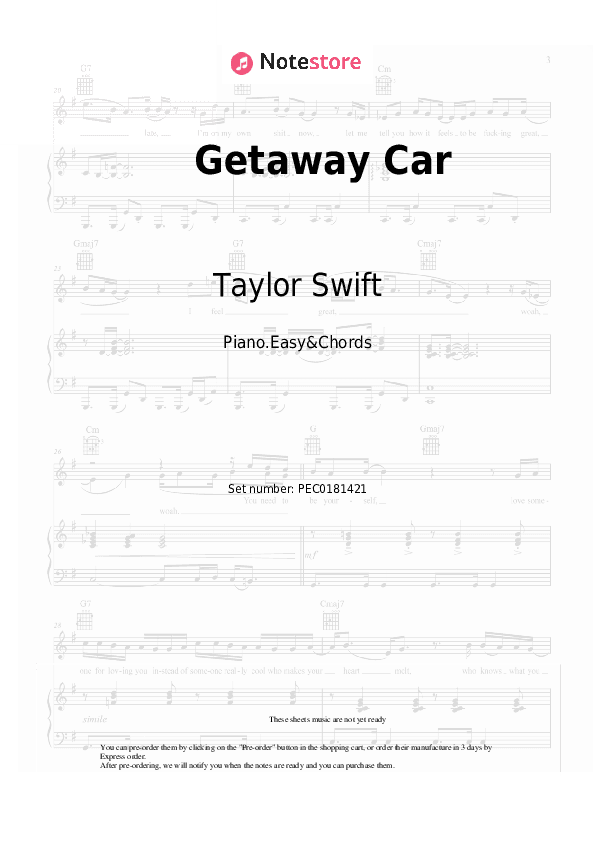Getaway Car - Taylor Swift Sheet Music Easy and Chords - Piano.Easy&Chords