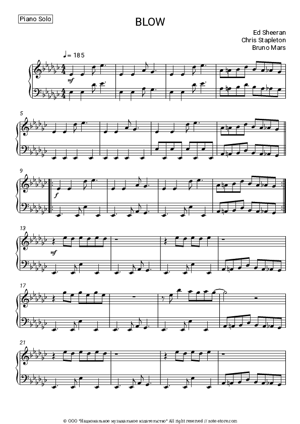 BLOW - Ed Sheeran, Bruno Mars, Christopher Stapleton Piano Sheet Music - Piano.Solo