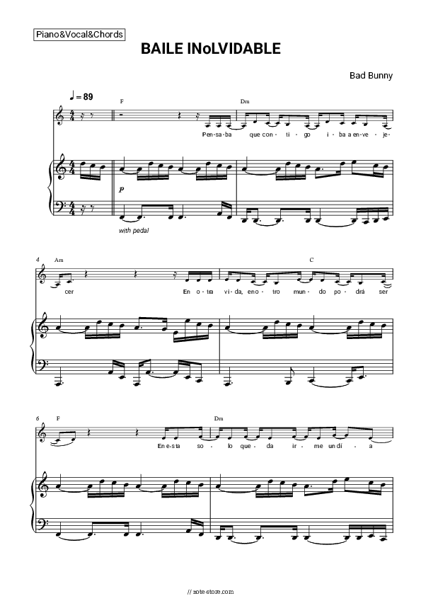 BAILE INoLVIDABLE - Bad Bunny Piano Sheet Music with the Vocal and Chords - Piano&Vocal&Chords