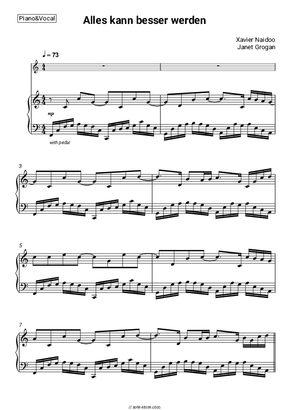 Alles kann besser werden - Xavier Naidoo, Janet Grogan Piano Sheet Music with the Voice part - Piano&Vocal