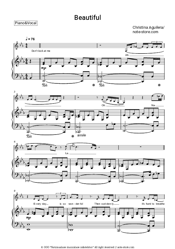 Beautiful - Christina Aguilera Piano Sheet Music with the Voice part - Piano&Vocal