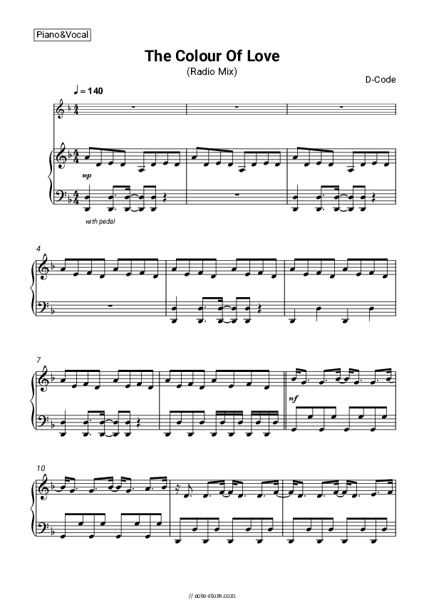 The Colour Of Love (Radio Mix) - D-Code Piano Sheet Music with the Voice part - Piano&Vocal