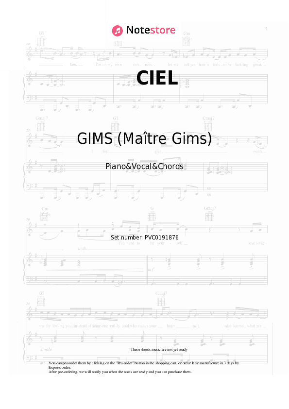 CIEL - GIMS (Maître Gims) Piano Sheet Music with the Vocal and Chords - Piano&Vocal&Chords
