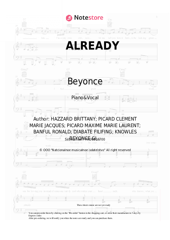 ALREADY - Beyonce, Shatta Wale Piano Sheet Music with the Voice part - Piano&Vocal