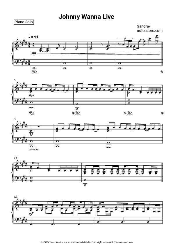 Johnny Wanna Live - Sandra Piano Sheet Music - Piano.Solo