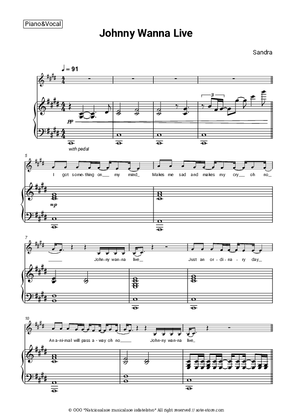 Johnny Wanna Live - Sandra Piano Sheet Music with the Voice part - Piano&Vocal