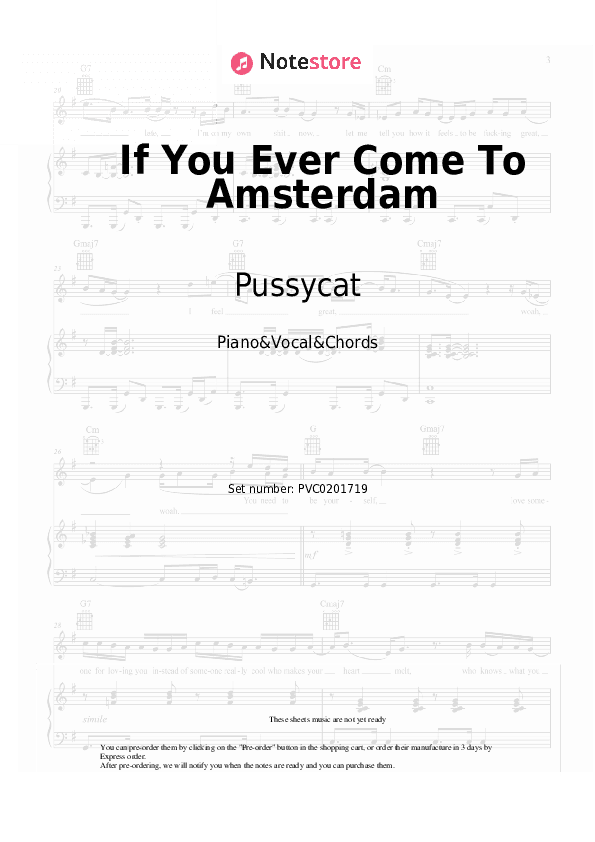 If You Ever Come To Amsterdam - Pussycat Piano Sheet Music with the Vocal and Chords - Piano&Vocal&Chords