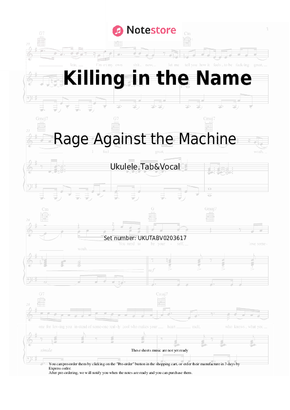 Killing in the Name - Rage Against the Machine Sheet Music - Ukulele.Tab&Vocal