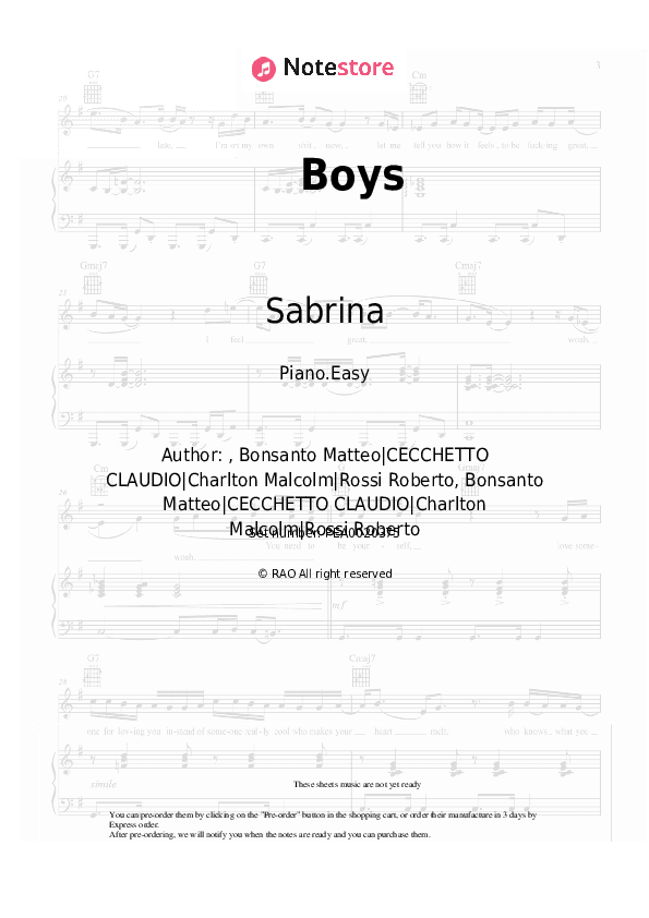 Boys - Sabrina Piano Sheet Music Easy - Piano.Easy