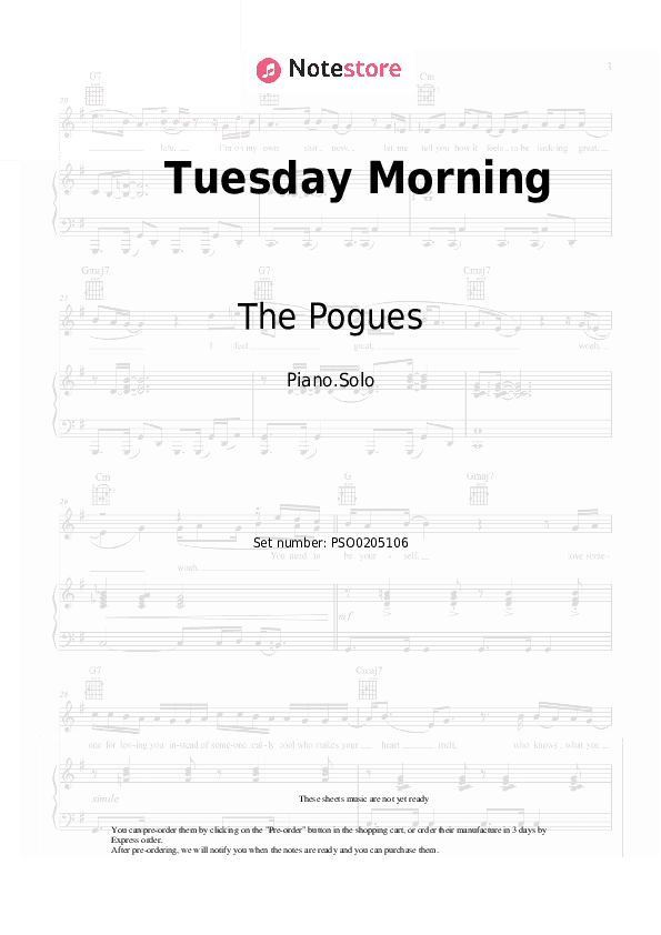 Tuesday Morning - The Pogues Piano Sheet Music - Piano.Solo