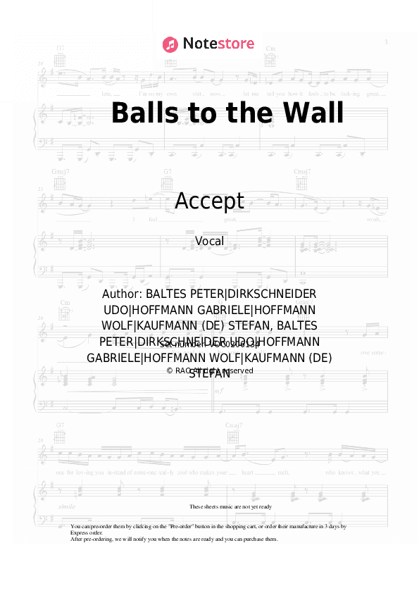 Balls to the Wall - Accept Vocal Sheet Music - Vocal