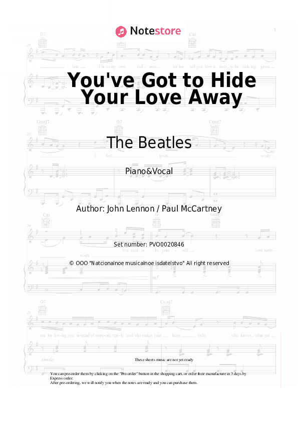 You've Got to Hide Your Love Away - The Beatles Piano Sheet Music with the Voice part - Piano&Vocal