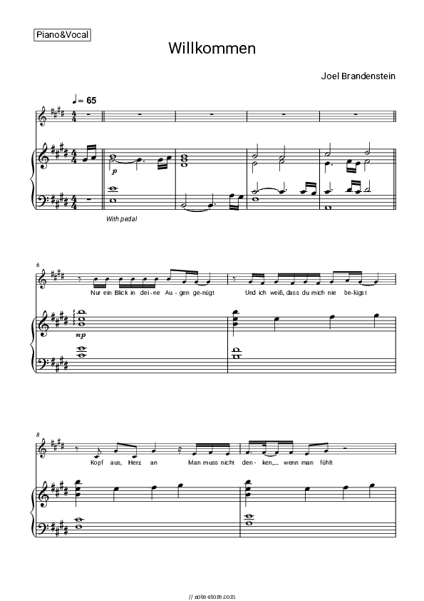 Willkommen - Joel Brandenstein Piano Sheet Music with the Voice part - Piano&Vocal