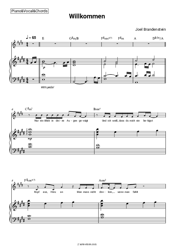 Willkommen - Joel Brandenstein Piano Sheet Music with the Vocal and Chords - Piano&Vocal&Chords