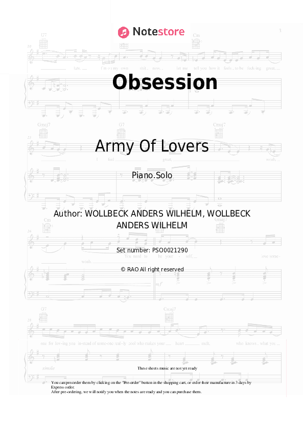 Obsession - Army Of Lovers Piano Sheet Music - Piano.Solo