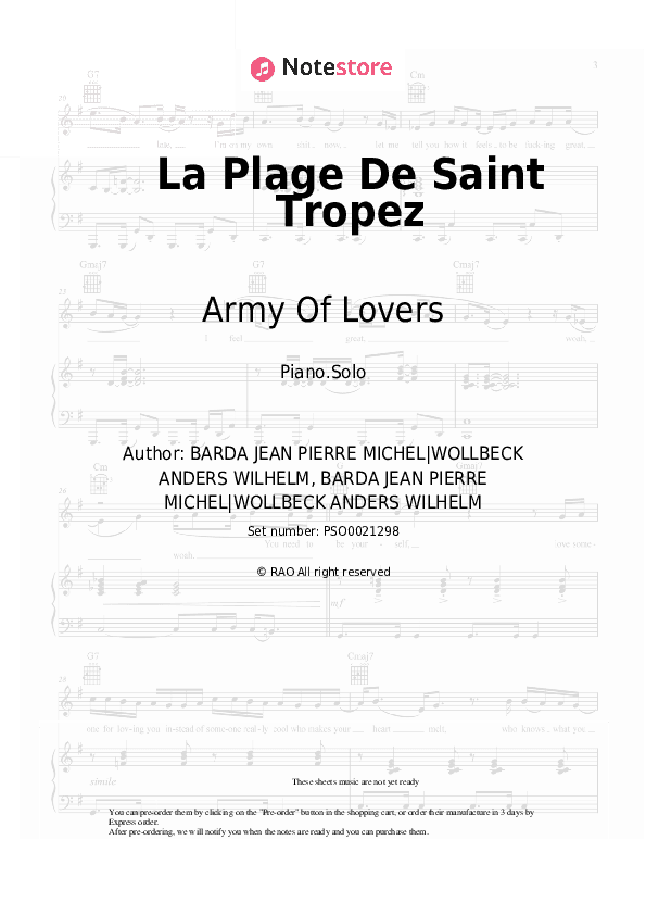 La Plage De Saint Tropez - Army Of Lovers Piano Sheet Music - Piano.Solo