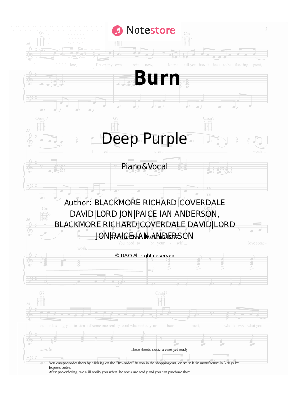 Burn - Deep Purple Piano Sheet Music with the Voice part - Piano&Vocal