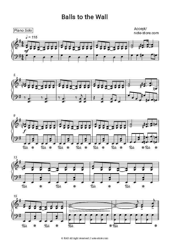 Balls to the Wall - Accept Piano Sheet Music - Piano.Solo