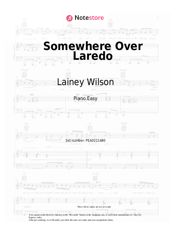 Somewhere Over Laredo - Lainey Wilson Piano Sheet Music Easy - Piano.Easy