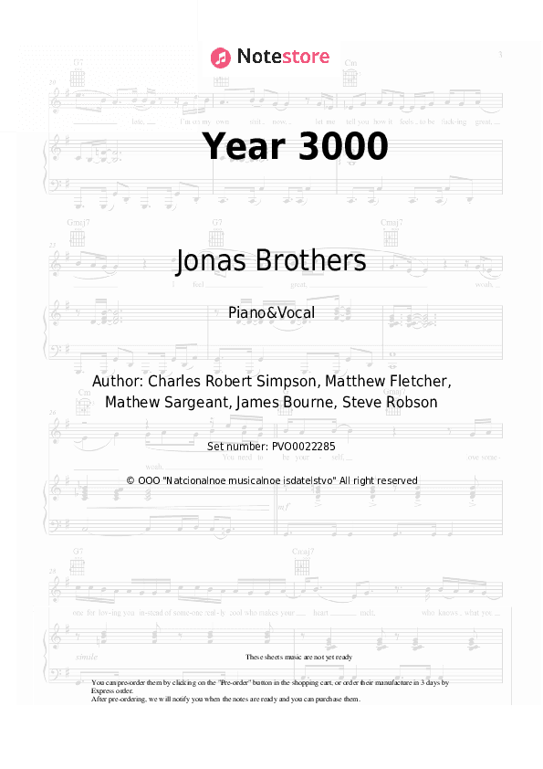 Year 3000 - Jonas Brothers Piano Sheet Music with the Voice part - Piano&Vocal
