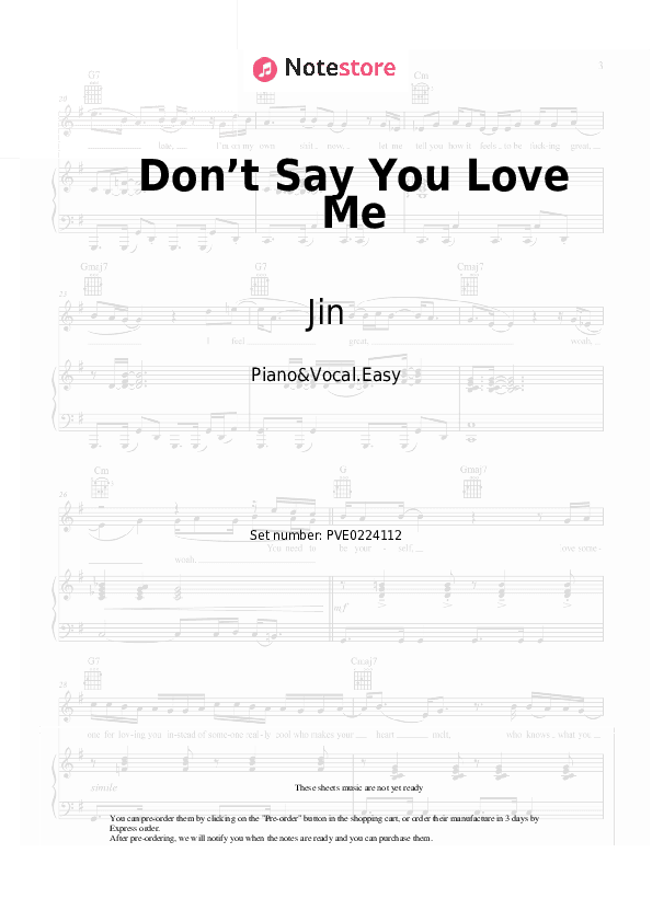 Don’t Say You Love Me - Jin Piano Sheet Music Easy and Vocal - Piano&Vocal.Easy