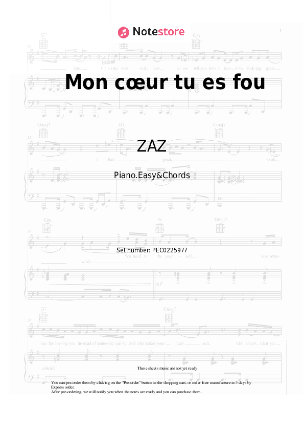 Mon cœur tu es fou - ZAZ Sheet Music Easy and Chords - Piano.Easy&Chords