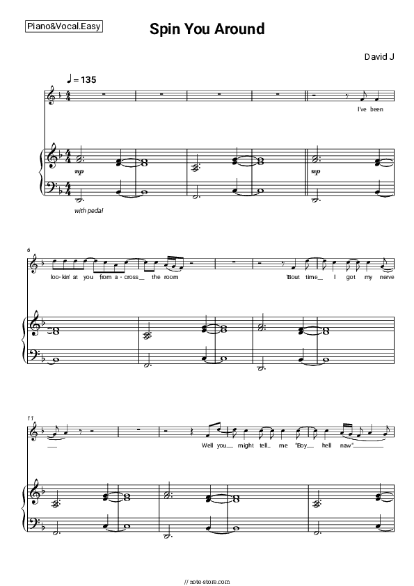 Spin You Around (Morgan Wallen Cover) - David J Piano Sheet Music Easy and Vocal - Piano&Vocal.Easy