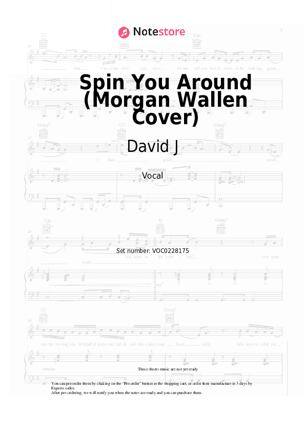 Spin You Around (Morgan Wallen Cover) - David J Vocal Sheet Music - Vocal
