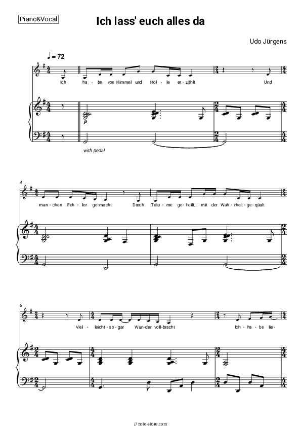 Ich lass’ euch alles da - Udo Jürgens Piano Sheet Music with the Voice part - Piano&Vocal