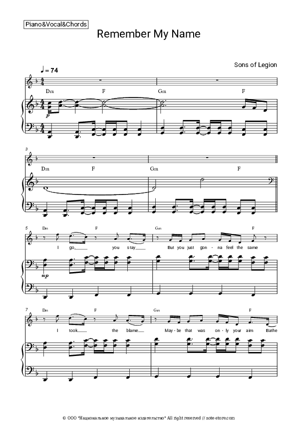 Remember My Name - Sons of Legion Piano Sheet Music with the Vocal and Chords - Piano&Vocal&Chords