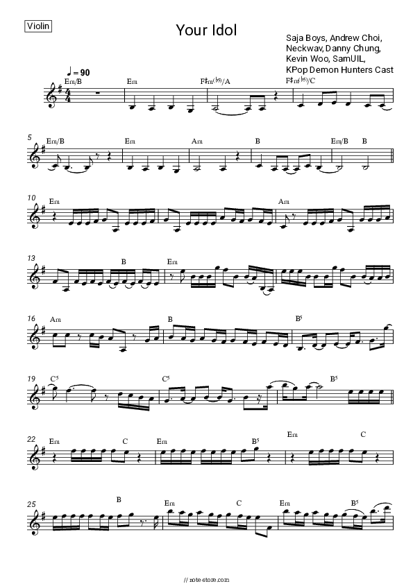 Your Idol - Saja Boys, Andrew Choi, Neckwav, Danny Chung, Kevin Woo, SamUIL, KPop Demon Hunters Cast Violin Sheet Music - Violin